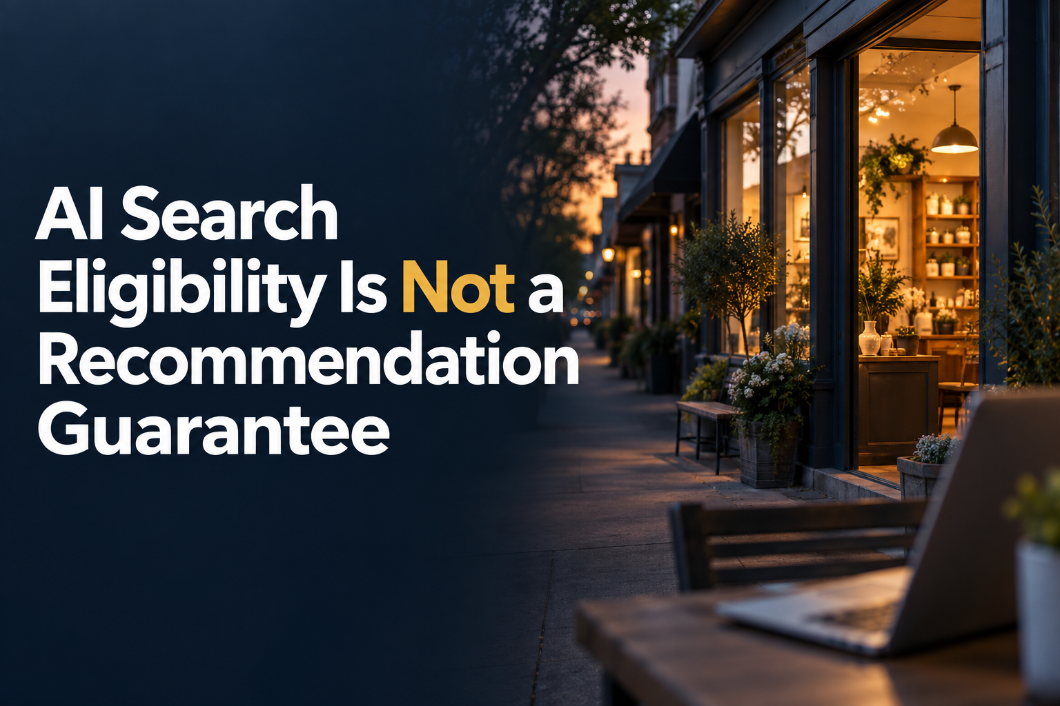 AI Search Eligibility Is Not a Recommendation Guarantee. A welcoming small business storefront at dusk.