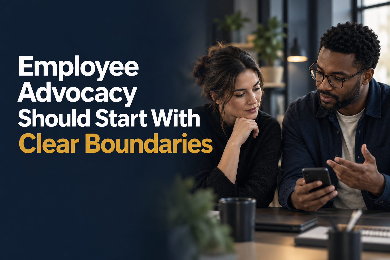 Employee Advocacy Should Start With Clear Boundaries. Two coworkers discuss a smartphone in an office.