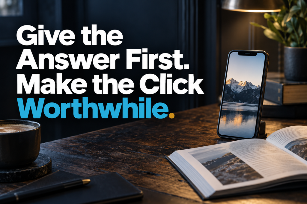 Give the Answer First. Make the Click Worthwhile. Editorial headline beside a smartphone and an open guide.