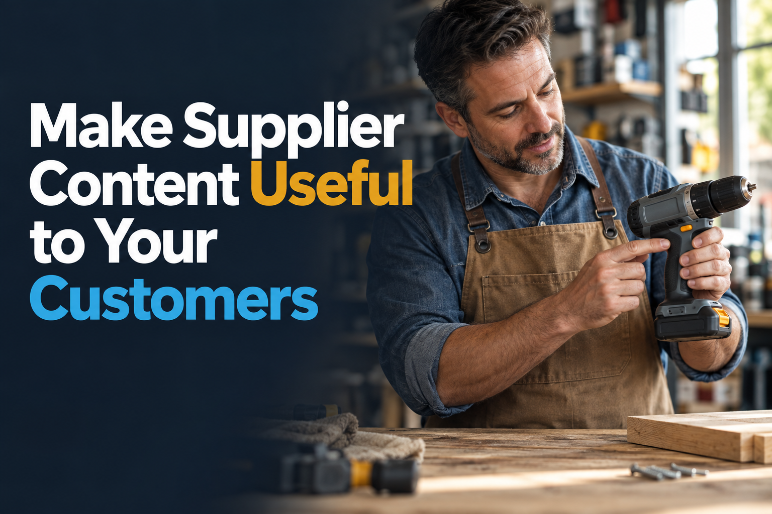 Make Supplier Content Useful to Your Customers. A shop owner demonstrates a cordless drill at a workbench.
