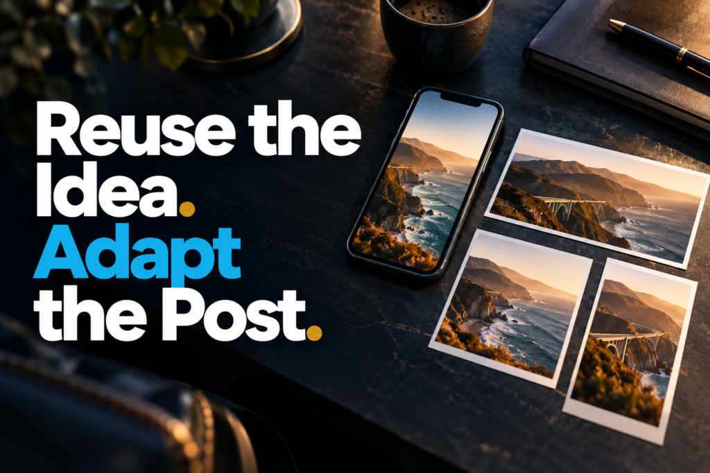 Reuse the Idea. Adapt the Post. Editorial headline beside one photograph adapted across a phone and several printed formats.