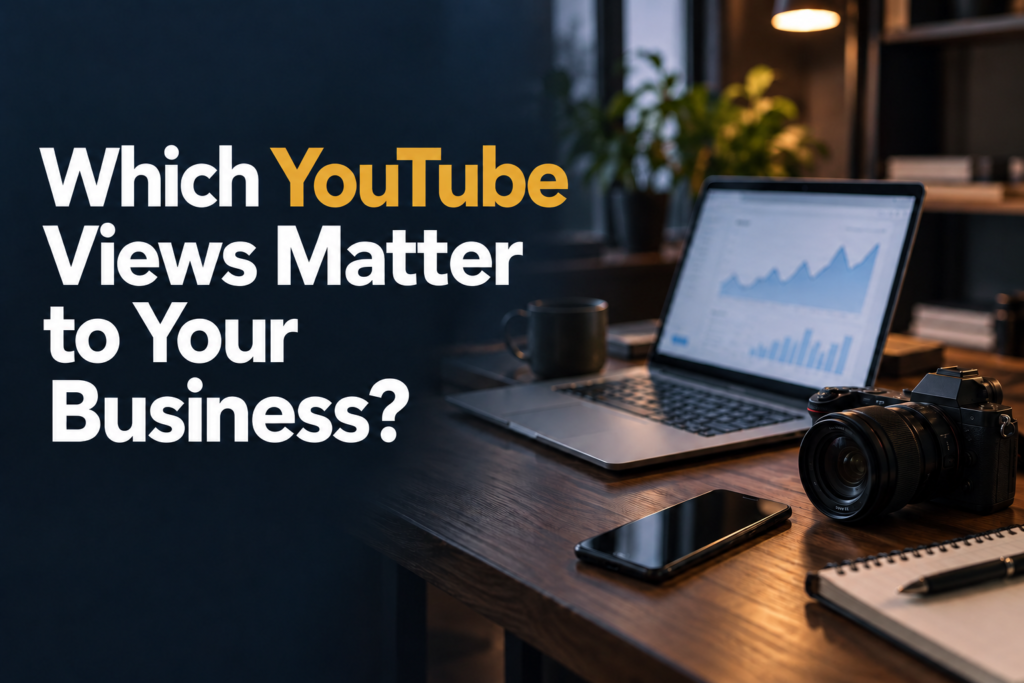 Which YouTube Views Matter to Your Business? A laptop, camera and phone on a business owner's desk.
