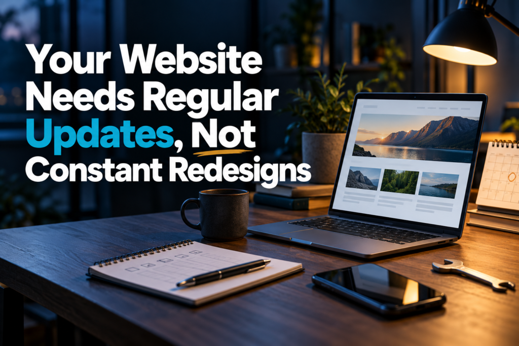 Your Website Needs Regular Updates, Not Constant Redesigns. Editorial headline beside a laptop, maintenance checklist, calendar and smartphone.