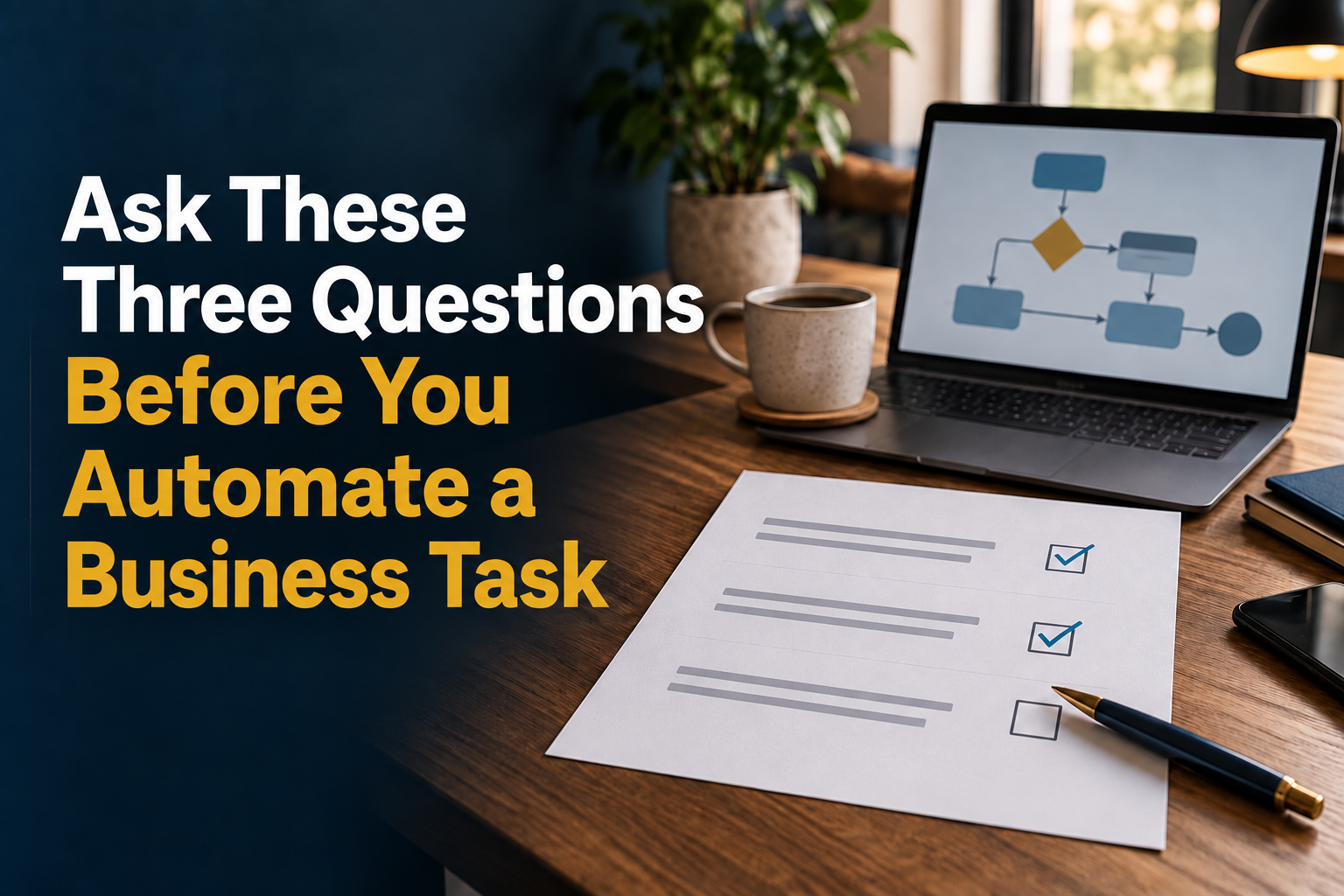 Checklist and workflow diagram illustrating three questions to ask before automating a business task