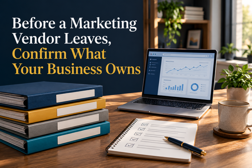 Business laptop, access checklist and organized folders for a marketing vendor handoff