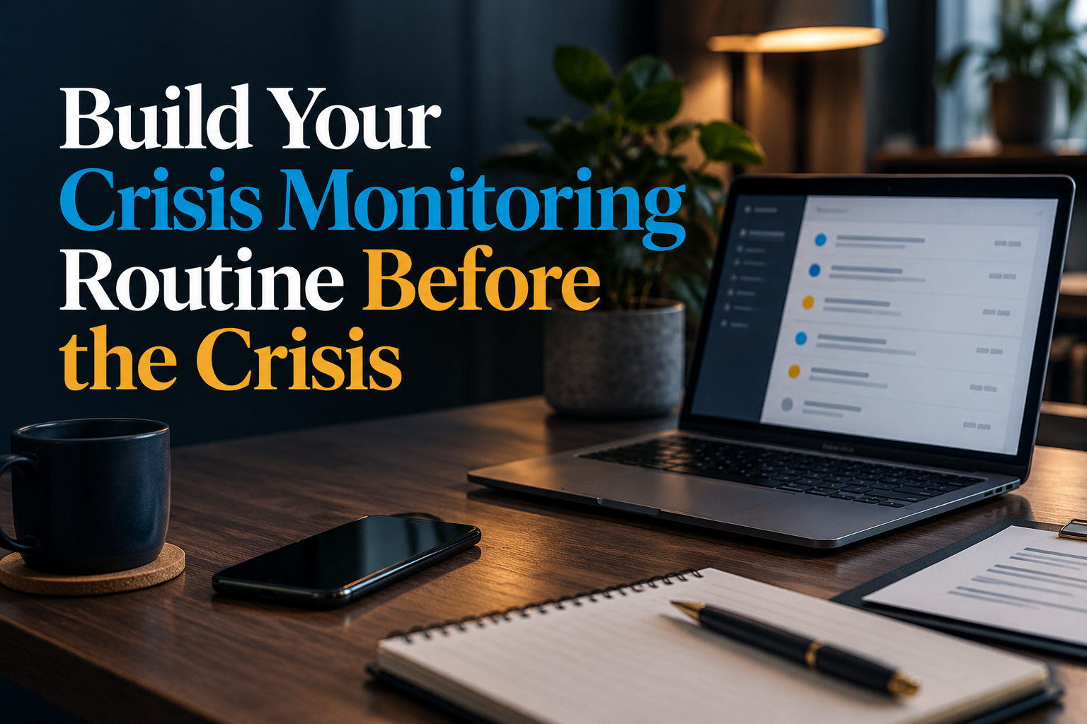 A crisis monitoring workspace with the title Build Your Crisis Monitoring Routine Before the Crisis