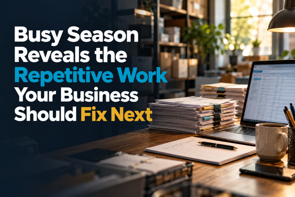 Busy small-business office workspace showing repetitive administrative work ready for process review