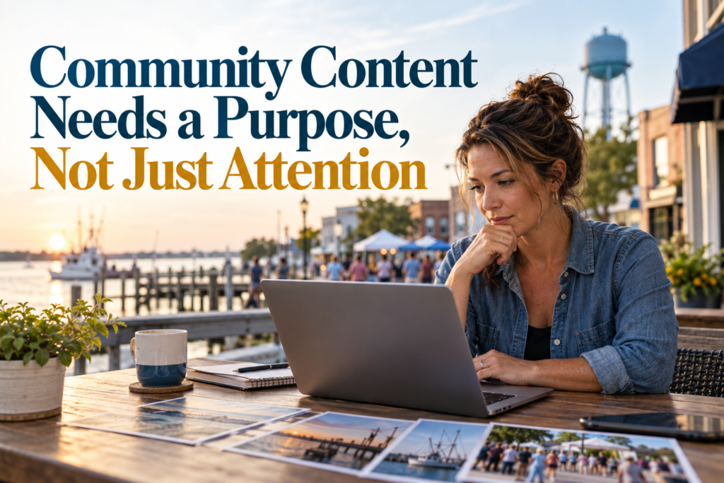 Small-business owner thoughtfully reviewing community content for a social media post