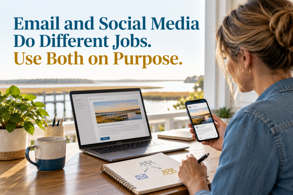Small-business owner planning separate email and social media messages for the right audiences