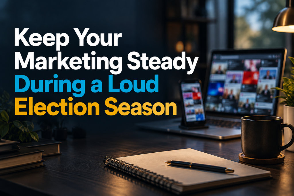 A calm small-business workspace with the headline Keep Your Marketing Steady During a Loud Election Season
