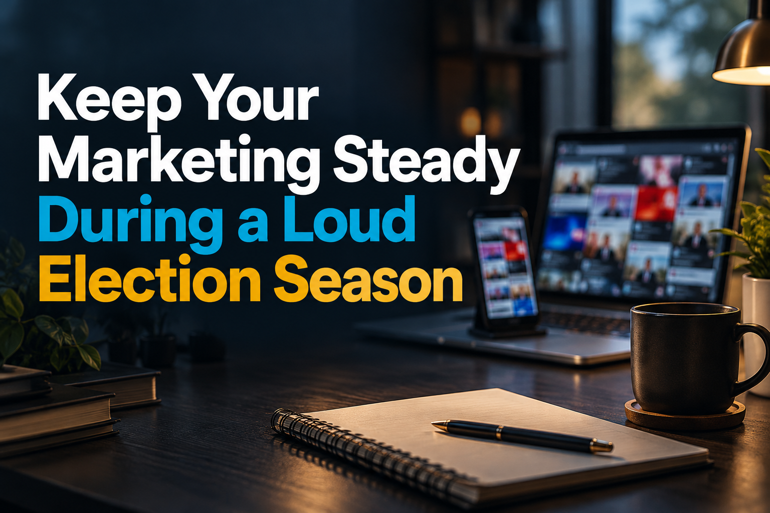 A calm small-business workspace with the headline Keep Your Marketing Steady During a Loud Election Season