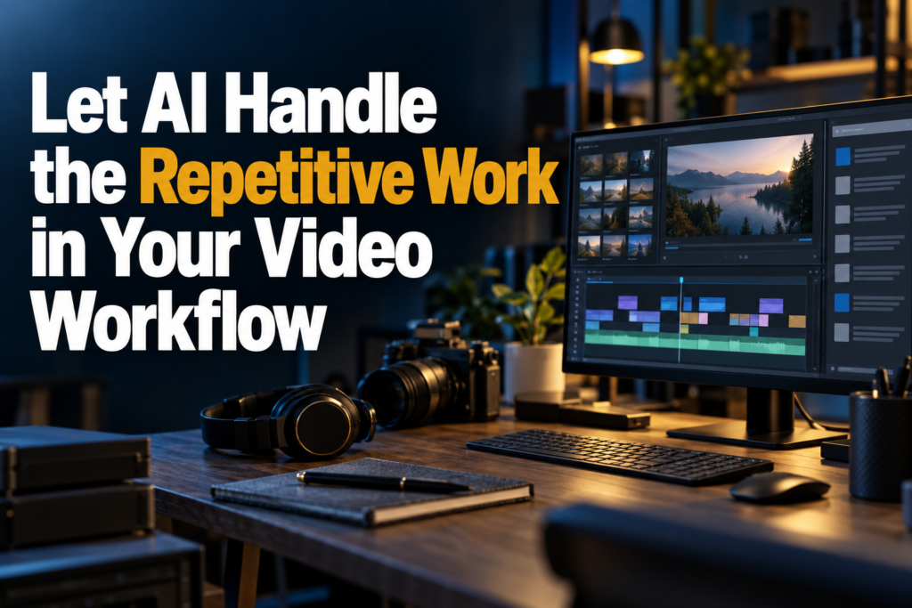 Video editing workspace with the headline Let AI Handle the Repetitive Work in Your Video Workflow