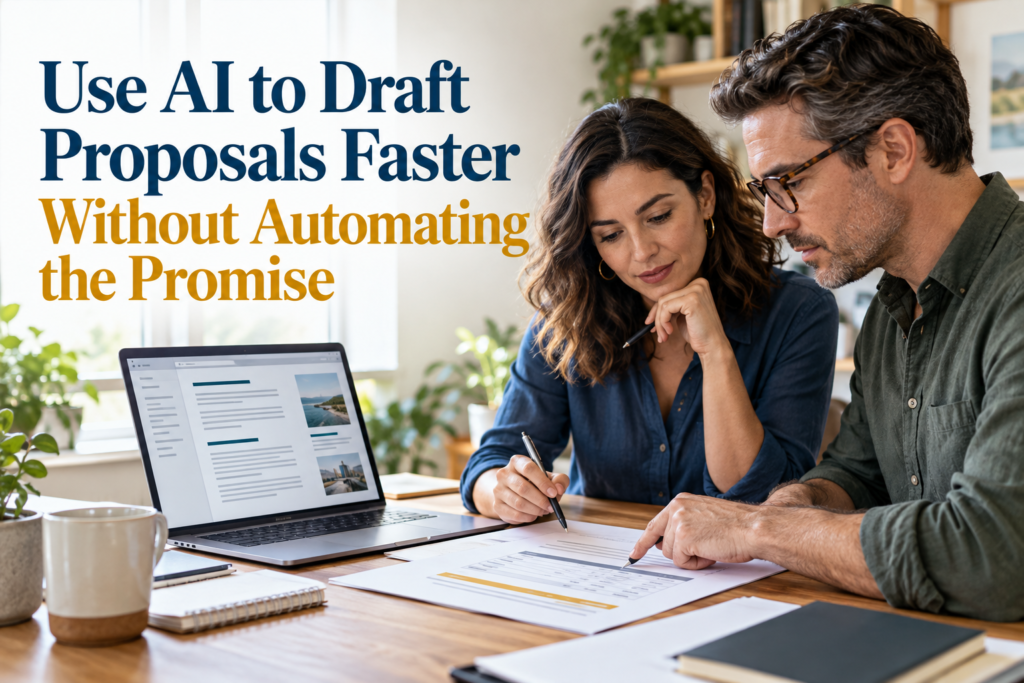 Small-business team reviewing an AI-assisted proposal draft, scope and pricing before approval