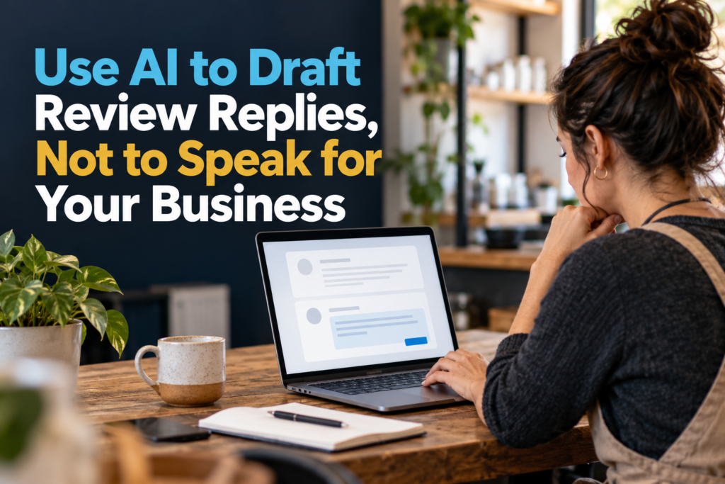 Business owner reviewing an AI-assisted customer review response before publishing