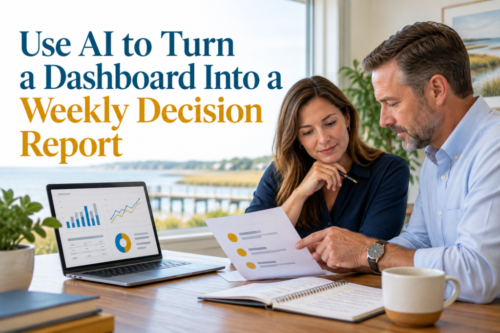 Small-business managers reviewing a weekly AI-assisted decision report beside a dashboard