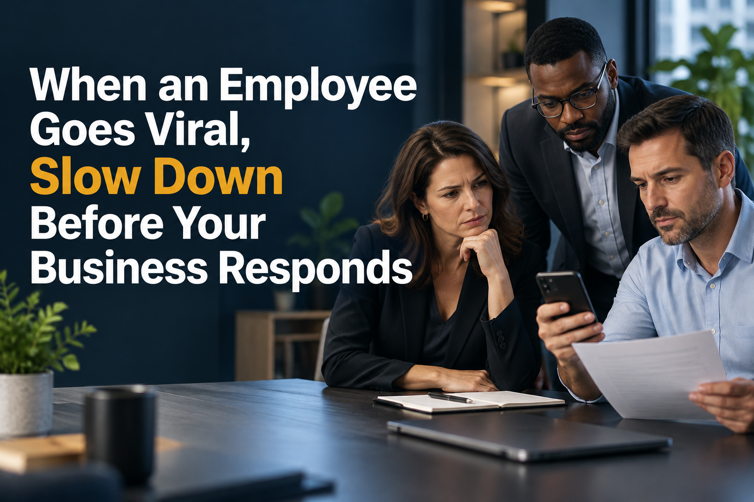 Small-business leaders calmly reviewing a viral employee situation before responding