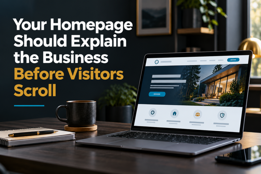 Small-business homepage displayed on a laptop with a clear headline, service message and next step