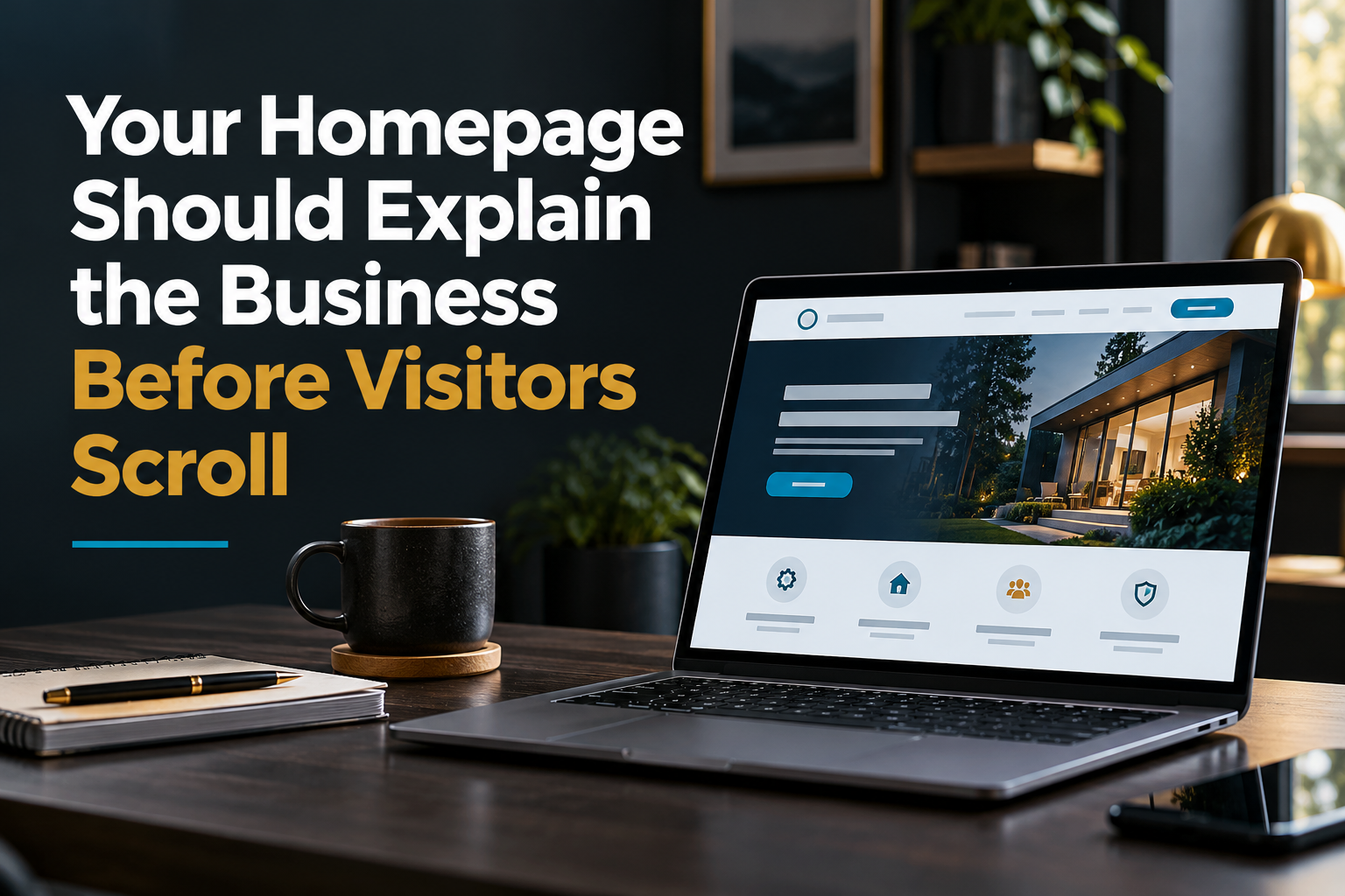 Small-business homepage displayed on a laptop with a clear headline, service message and next step